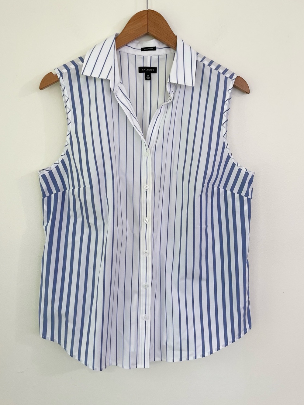 Talbots Wrinkle Resistant Sleeveless Button Up Too Poplin Cotton Blue White 14